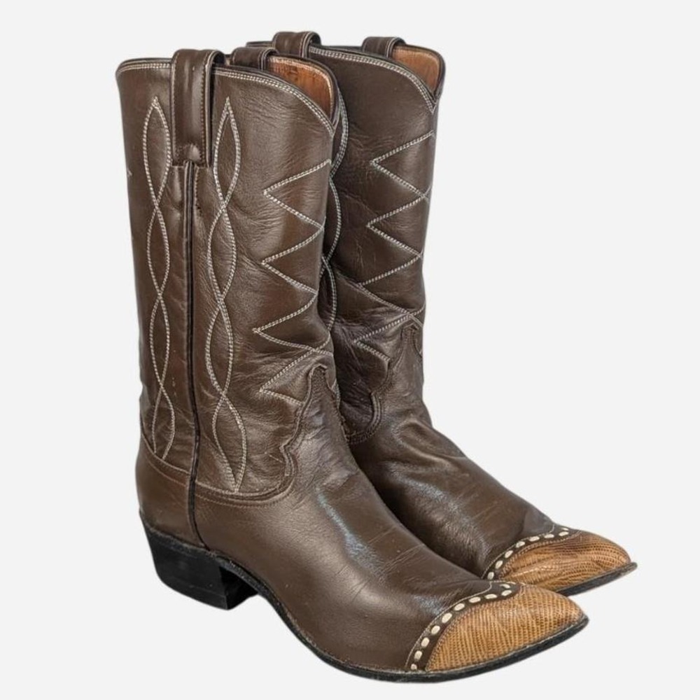 Vintage Justin Boots L4050 Brown Leather Lizard Toe Western Boots Size 8 - Picture 9 of 9